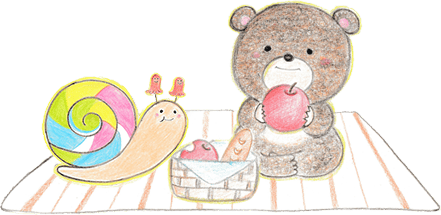 ピクニックをしているクマとカタツムリのイラスト