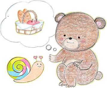 ピクニックを誘うクマと触角がハートになっているカタツムリのイラスト